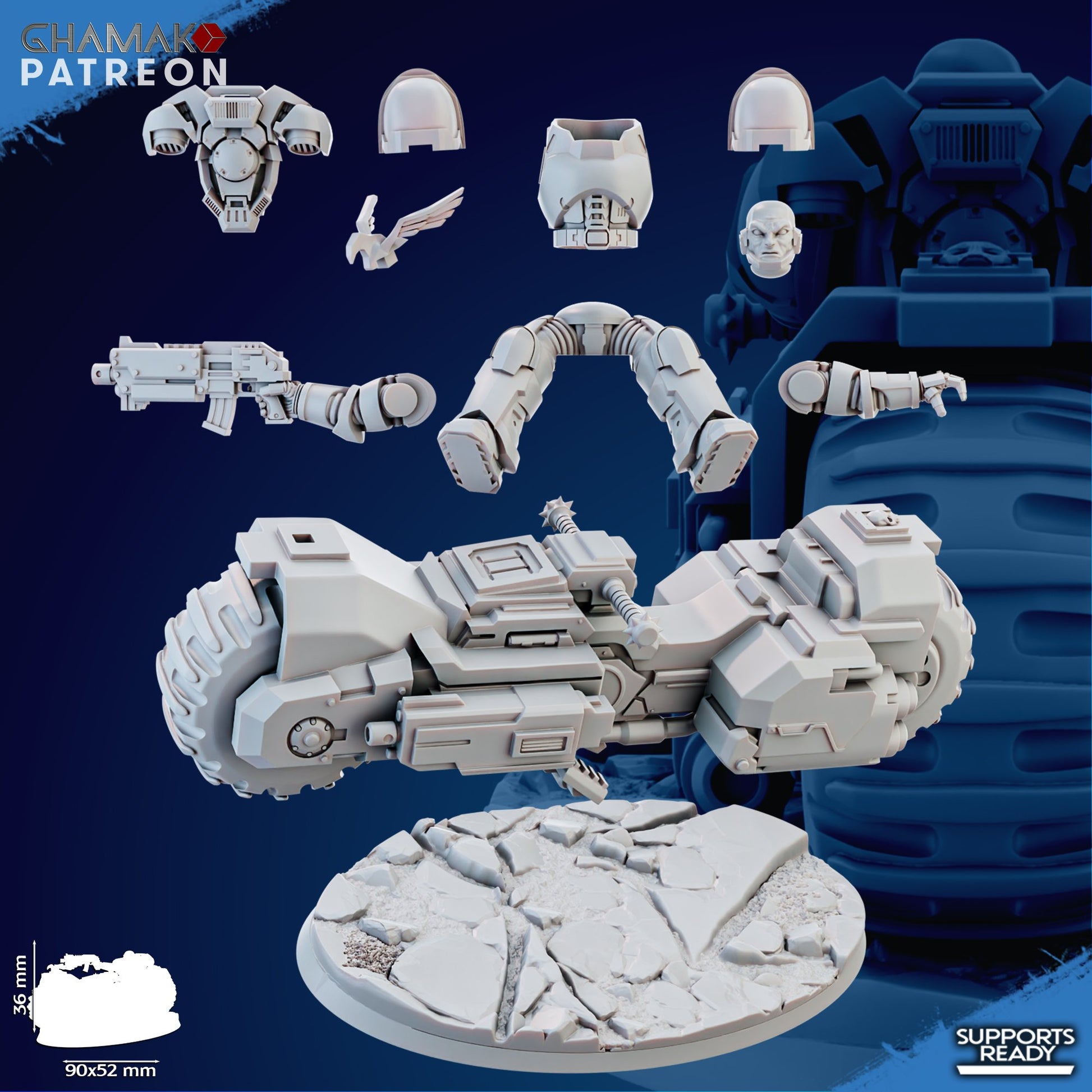 Space Knights War Bike Squadron On Wheels (3 Units), proxy miniature, 28mm heroic scale unpainted resin, view 9