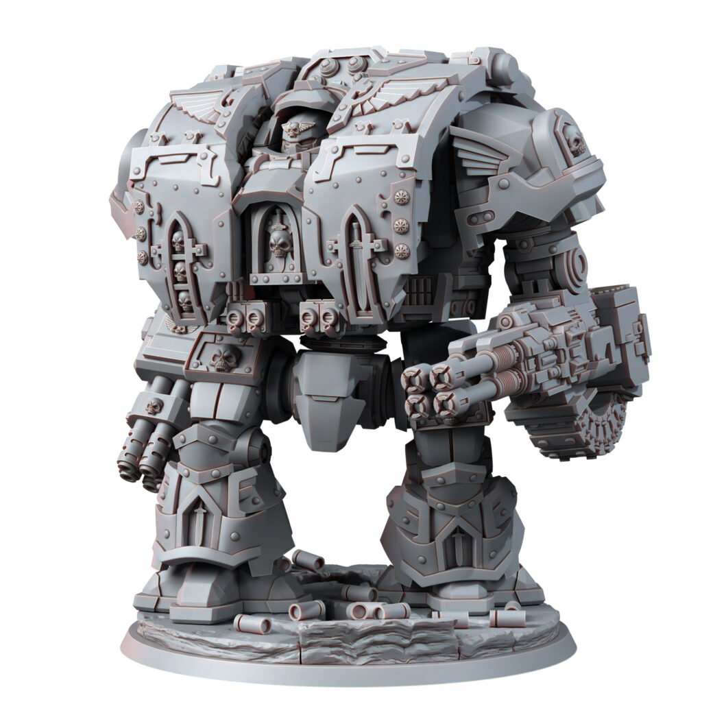 Hooded Knights Dreadnought With Guns, proxy miniature, walker, 28mm heroic scale unpainted resin, view 2