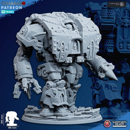 Hooded Knights Dreadnought With Melee Weapons, proxy miniature, walker, 28mm heroic scale unpainted resin, view 4