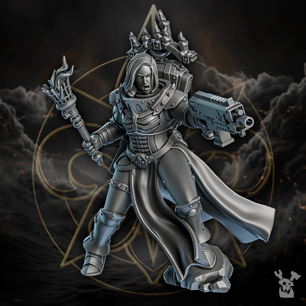 Battle Sisters Ember Margusqa, proxy miniature, 28mm heroic scale unpainted resin, view 2