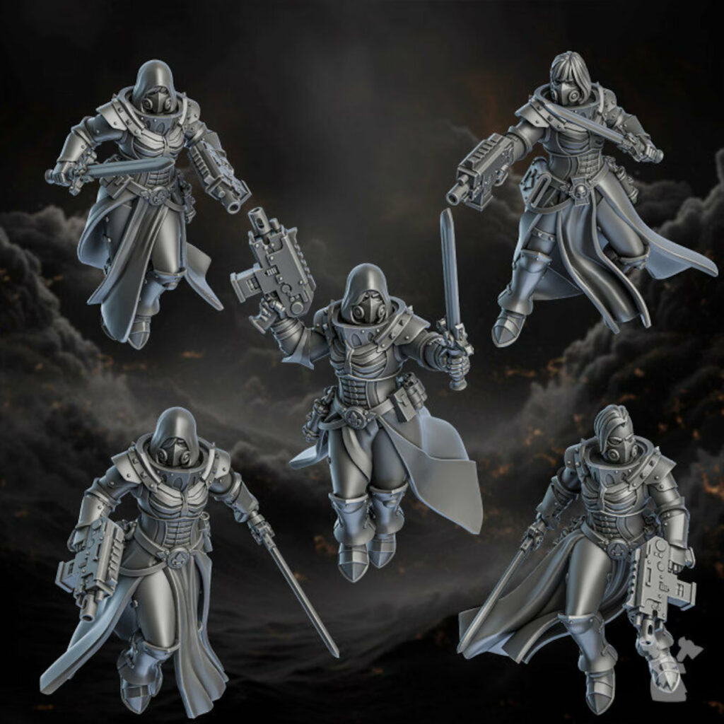 Battle Sisters Retribution Angels, proxy miniature, 28mm heroic scale unpainted resin, view 2