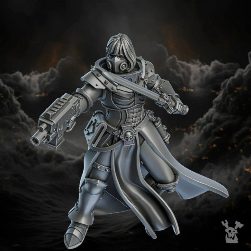 Battle Sisters Retribution Angels, proxy miniature, 28mm heroic scale unpainted resin, view 3