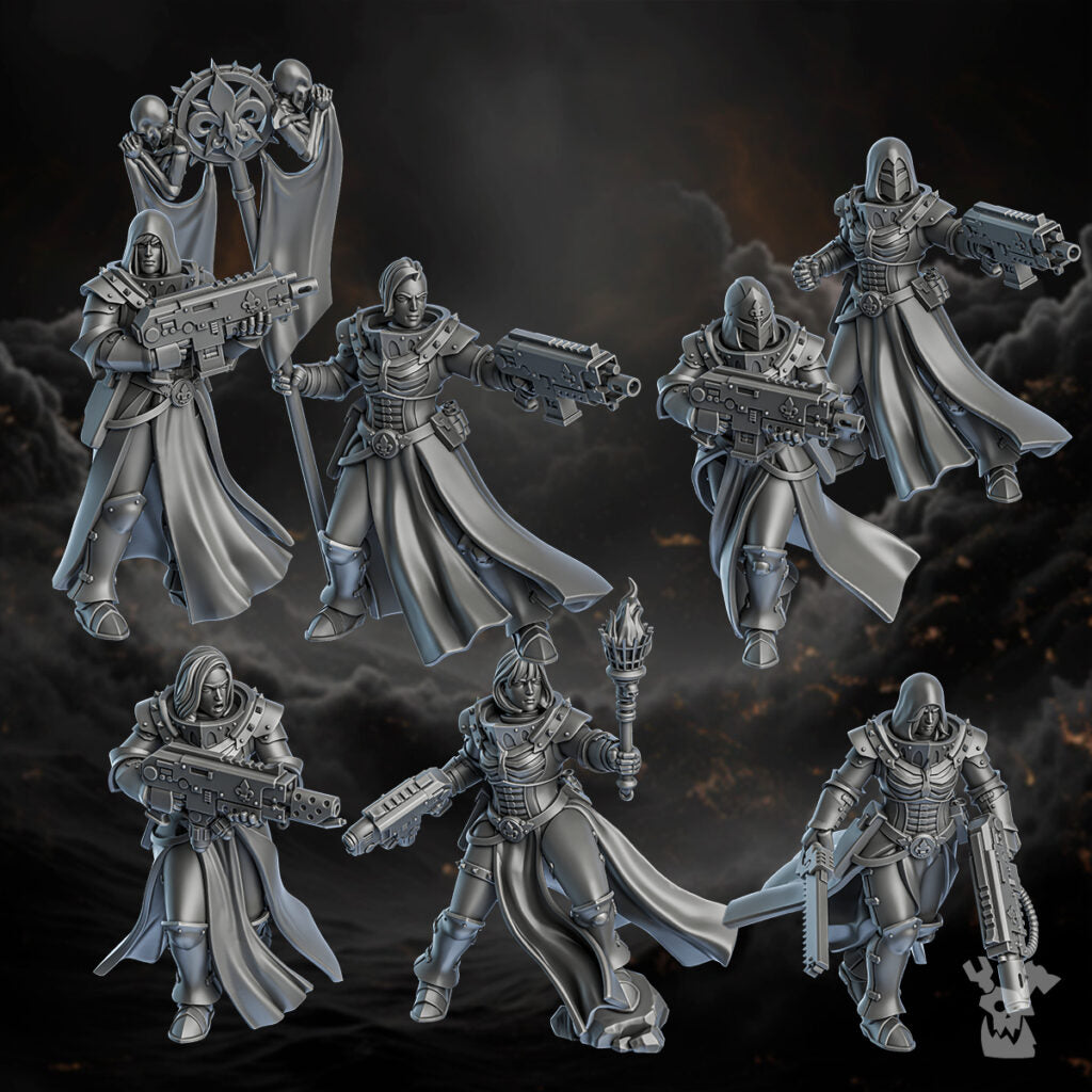 Battle Sisters Of Minor Guilt Squad, proxy miniature, 28mm heroic scale unpainted resin