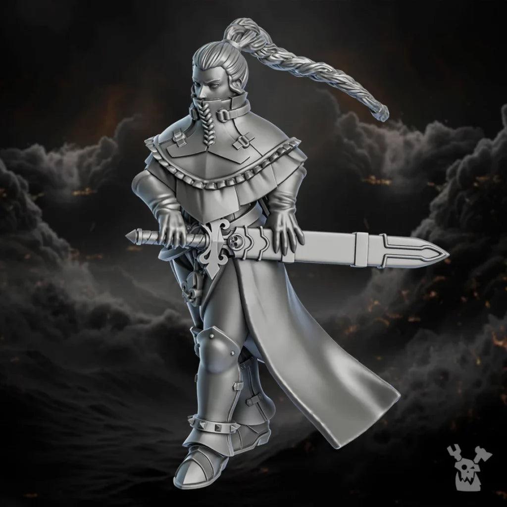 Battle Sisters Tianna, proxy miniature, 28mm heroic scale unpainted resin, view 2
