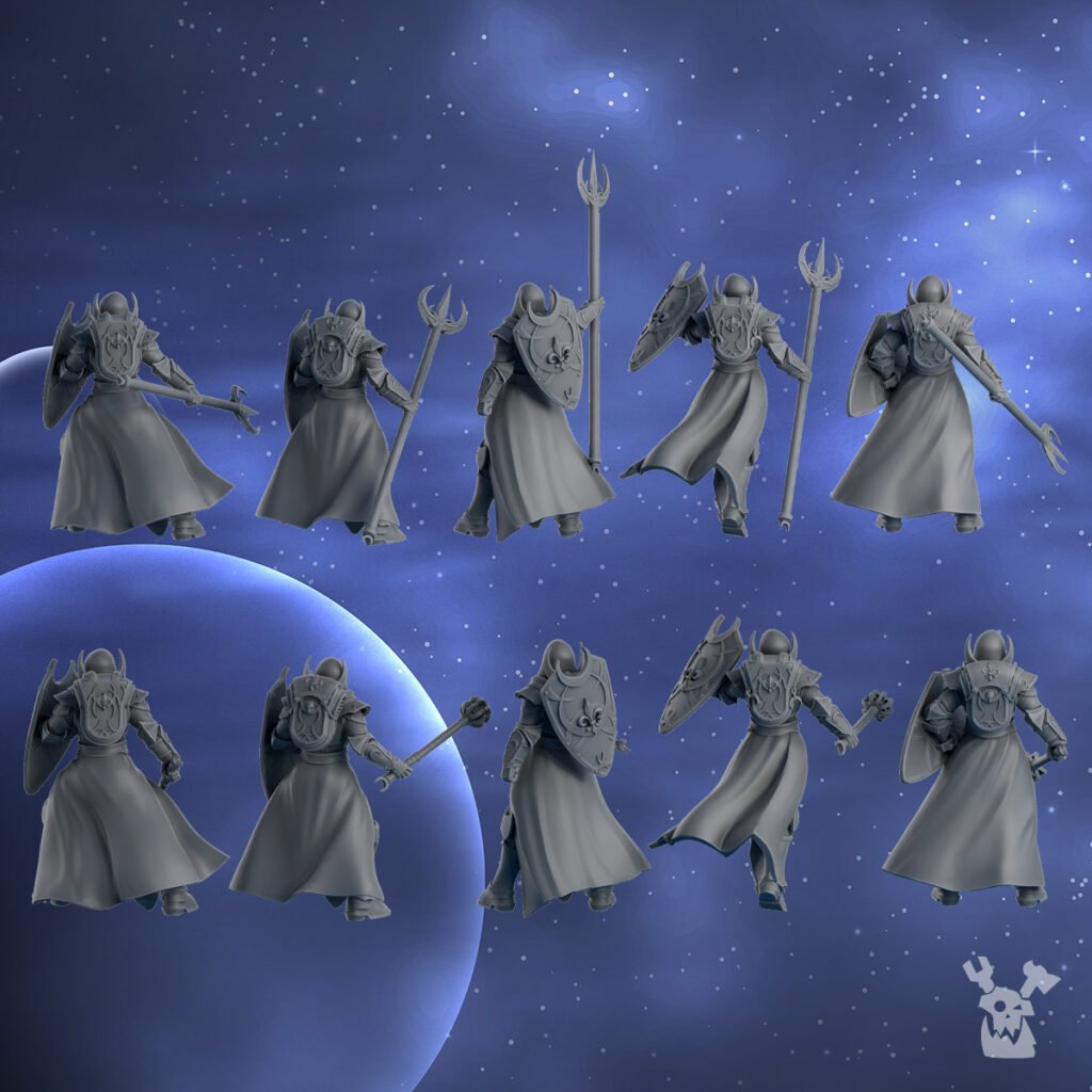Battle Sisters Guards Squad, proxy miniature, 28mm heroic scale unpainted resin, view 3