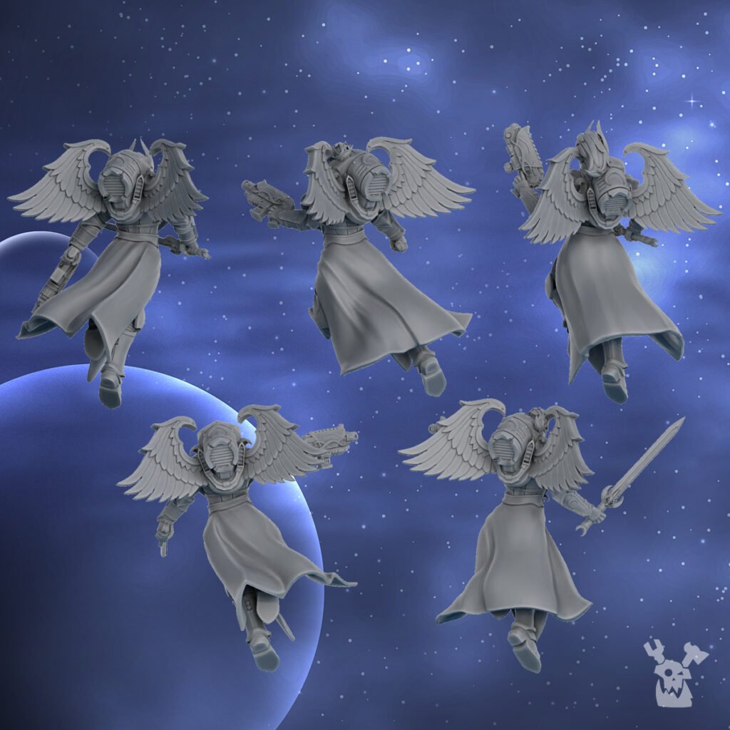 Battle Sisters Lunar Angels Squad, proxy miniature, 28mm heroic scale unpainted resin, view 2