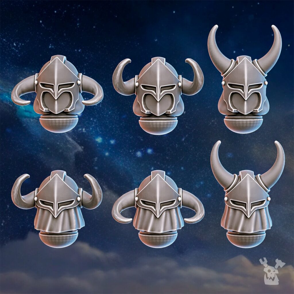 Battle Sisters Horned Helmets, resin conversion bits, bits, 28mm heroic scale unpainted resin, view 2