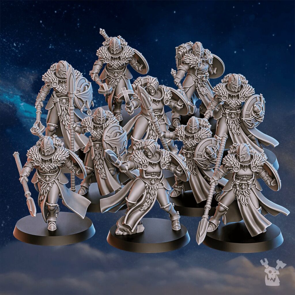 Battle Sisters Icewall Squad, proxy miniature, 28mm heroic scale unpainted resin, view 2