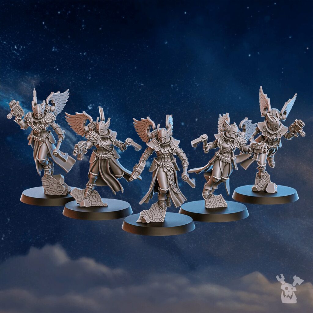 Battle Sisters Valkyries Squad, proxy miniature, 28mm heroic scale unpainted resin, view 2