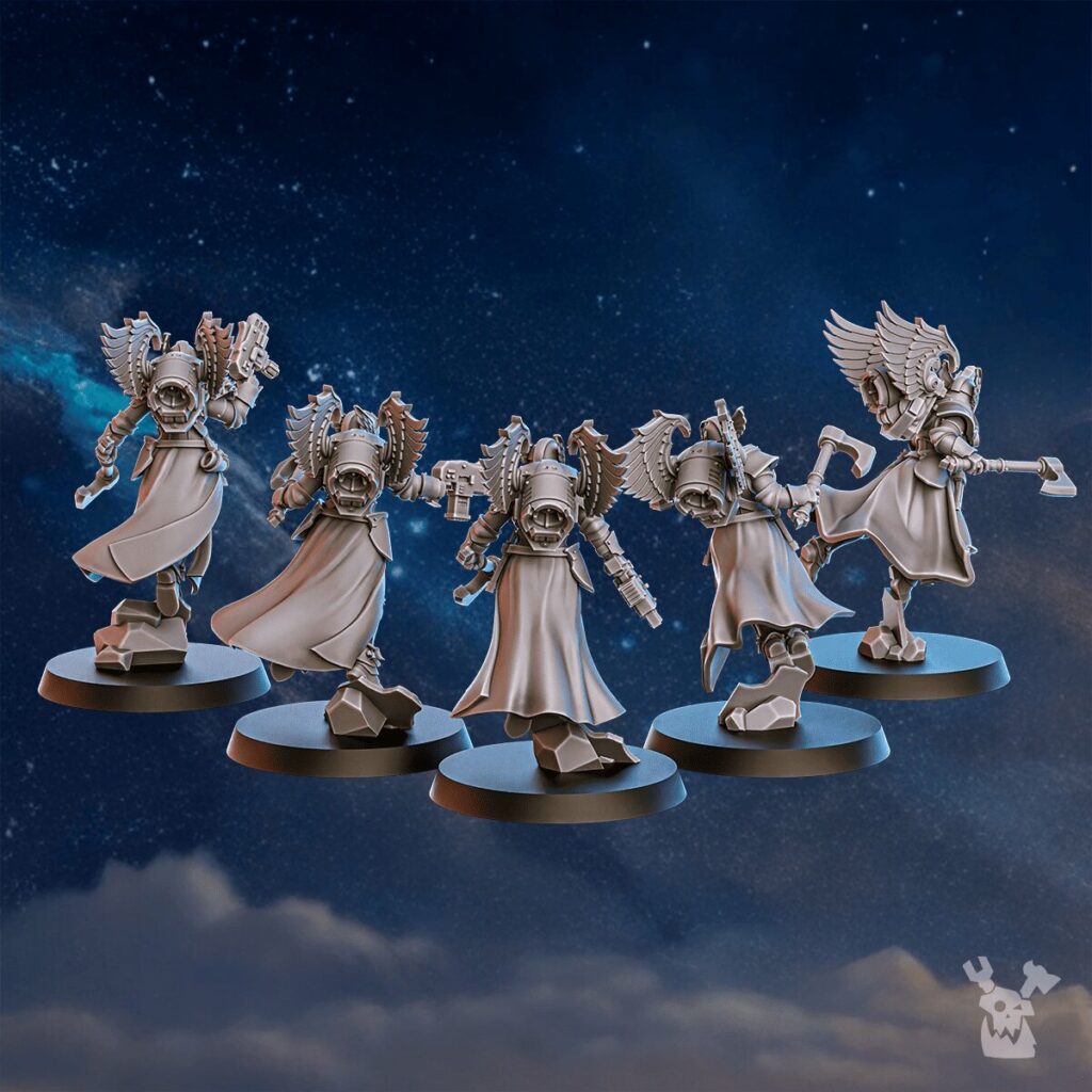 Battle Sisters Valkyries Squad, proxy miniature, 28mm heroic scale unpainted resin, view 3