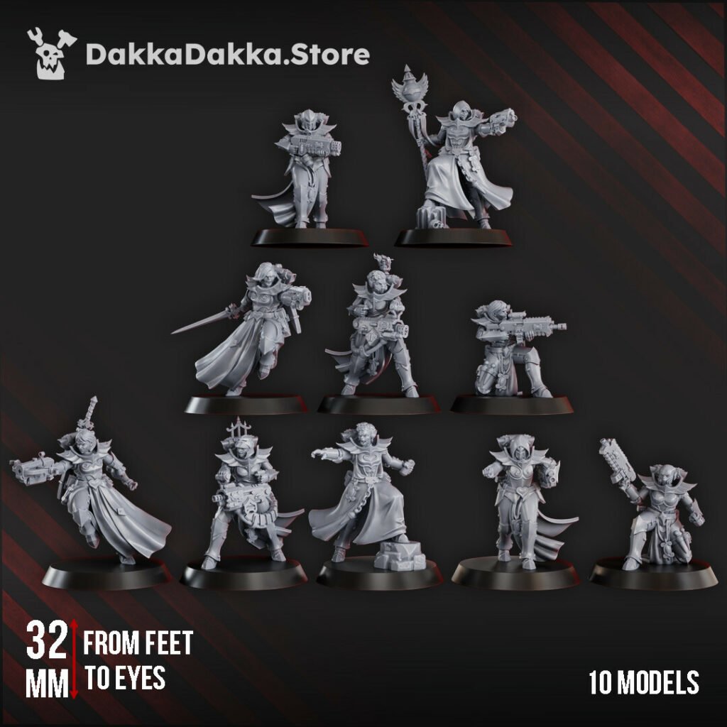 Battle Sisters Maidens Of Vengence Squad, proxy miniature, 28mm heroic scale unpainted resin
