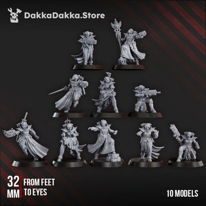 Battle Sisters Maidens Of Vengence Squad, proxy miniature, 28mm heroic scale unpainted resin