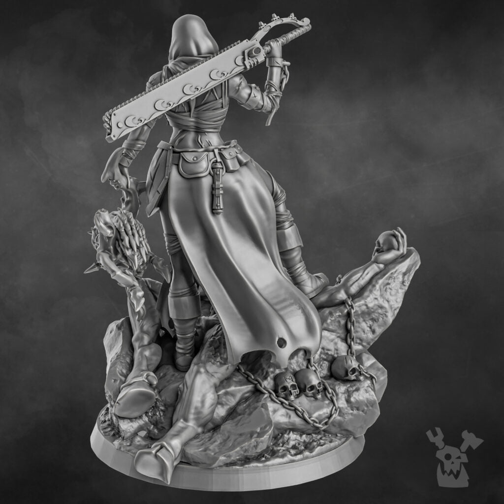 Battle Sisters Executioner, proxy miniature, 28mm heroic scale unpainted resin, view 3