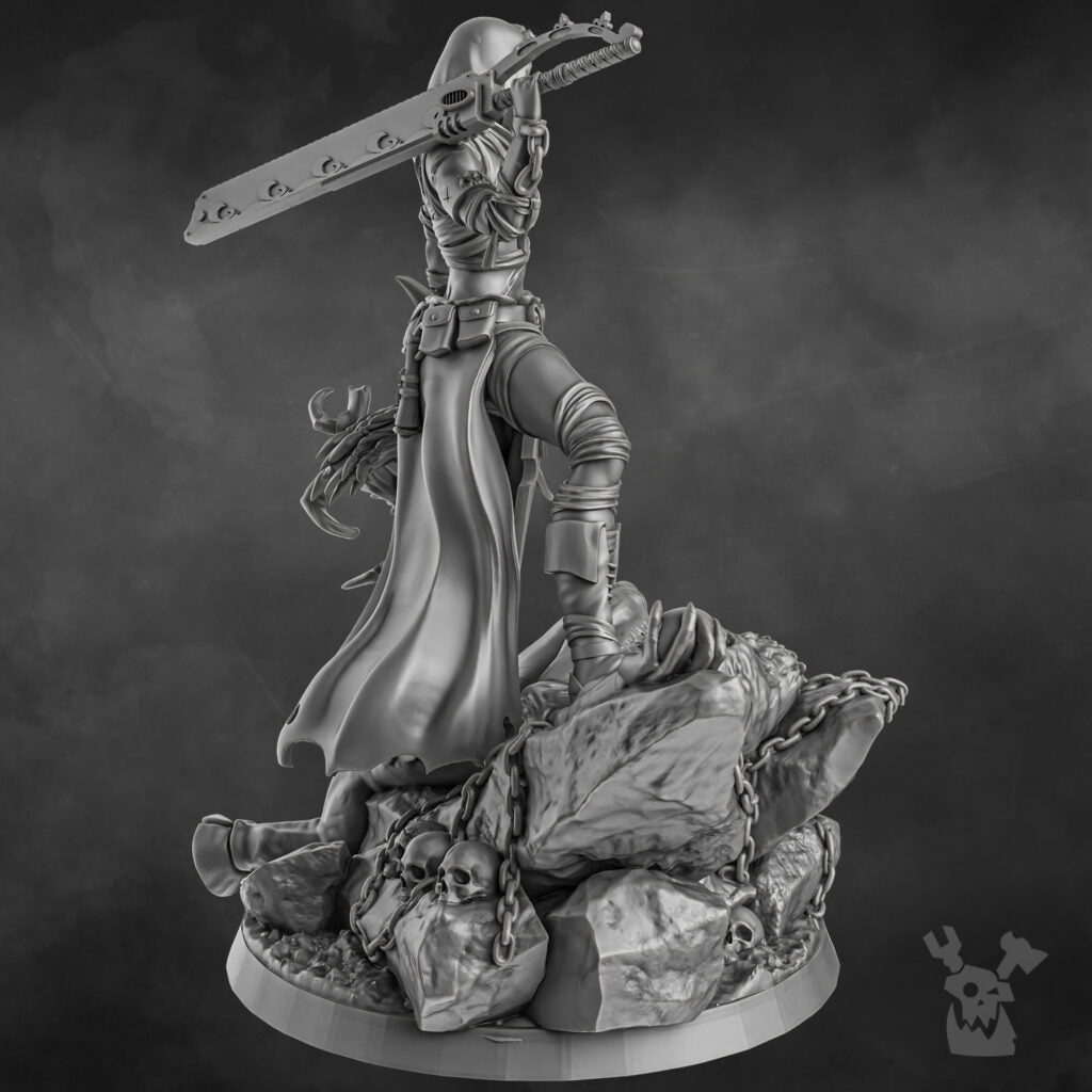 Battle Sisters Executioner, proxy miniature, 28mm heroic scale unpainted resin, view 5