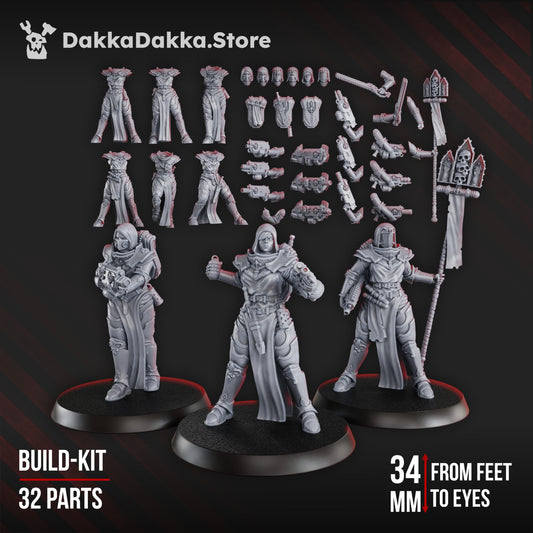 Battle Sisters Novice Squad, proxy miniature, 28mm heroic scale unpainted resin