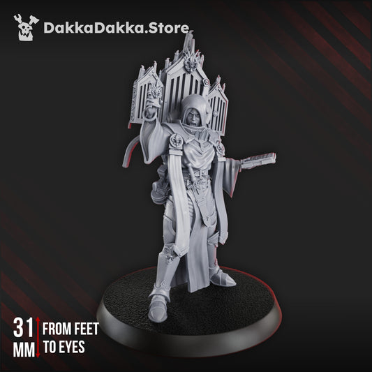 Battle Sisters Speaker, proxy miniature, 28mm heroic scale unpainted resin, view 2