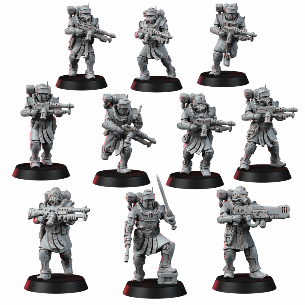 Tech Priests Satellitum Mechguards, proxy miniature, 28mm heroic scale unpainted resin