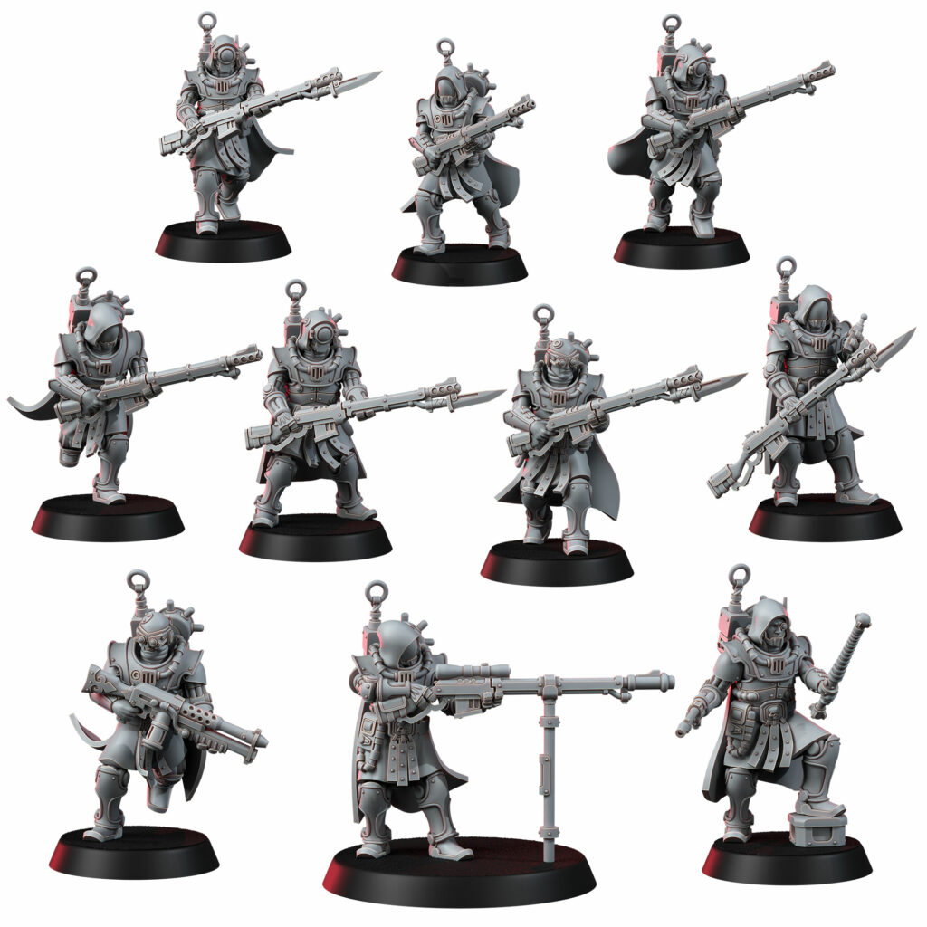 Tech Priests Satellitum Ranged, proxy miniature, 28mm heroic scale unpainted resin