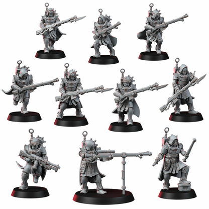 Tech Priests Satellitum Ranged, proxy miniature, 28mm heroic scale unpainted resin