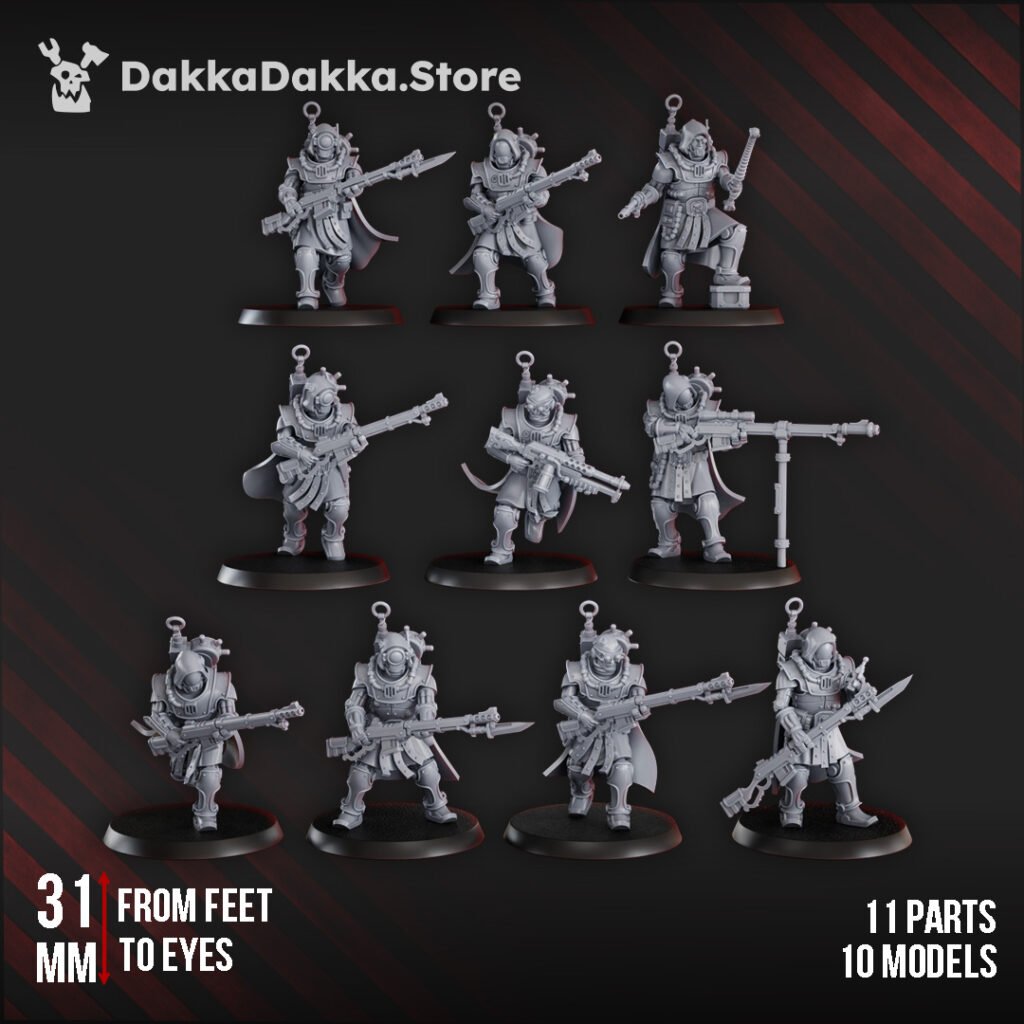 Tech Priests Satellitum Ranged, proxy miniature, 28mm heroic scale unpainted resin, view 2