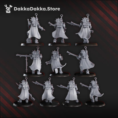 Tech Priests Satellitum Ranged, proxy miniature, 28mm heroic scale unpainted resin, view 3