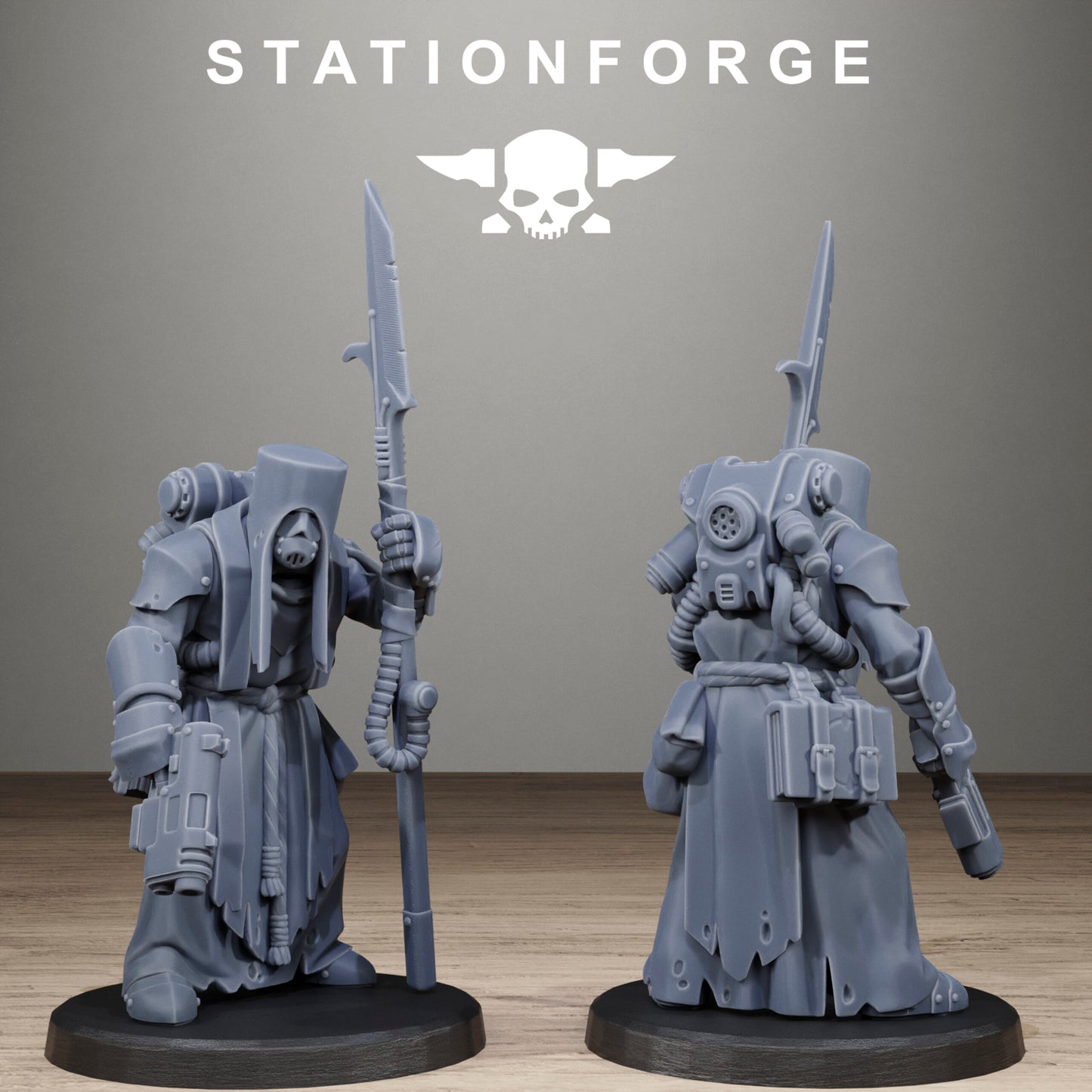 Tech Priests Scavenger Blade Preachers, proxy miniature, 28mm heroic scale unpainted resin, view 3
