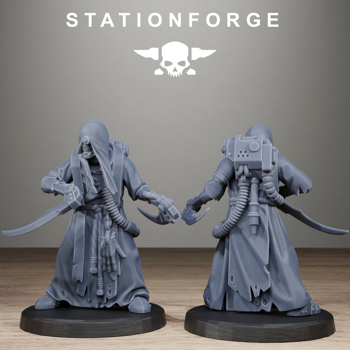 Tech Priests Scavenger Blade Preachers, proxy miniature, 28mm heroic scale unpainted resin, view 4