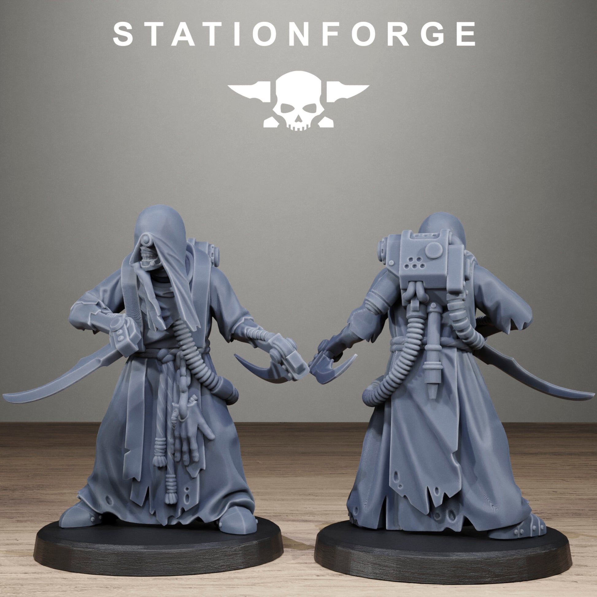 Tech Priests Scavenger Blade Preachers, proxy miniature, 28mm heroic scale unpainted resin, view 4