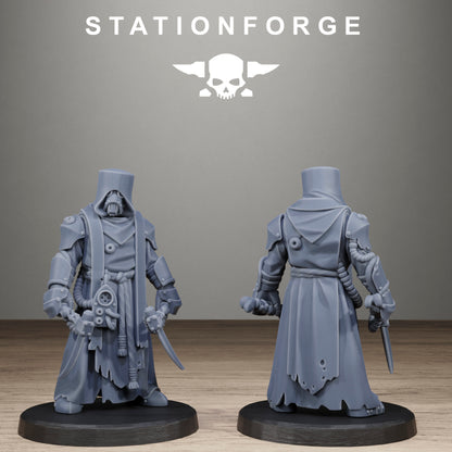 Tech Priests Scavenger Blade Preachers, proxy miniature, 28mm heroic scale unpainted resin, view 5