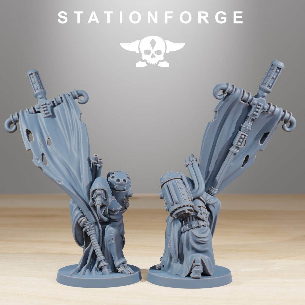 Tech Priests Scavenger Cultist With Banner, proxy miniature, bits, 28mm heroic scale unpainted resin
