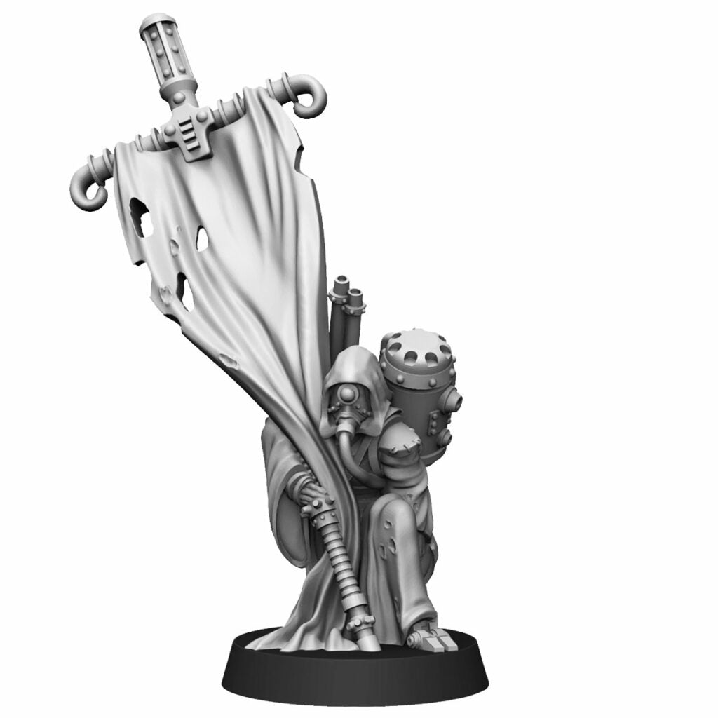 Tech Priests Scavenger Cultist With Banner, proxy miniature, bits, 28mm heroic scale unpainted resin, view 3