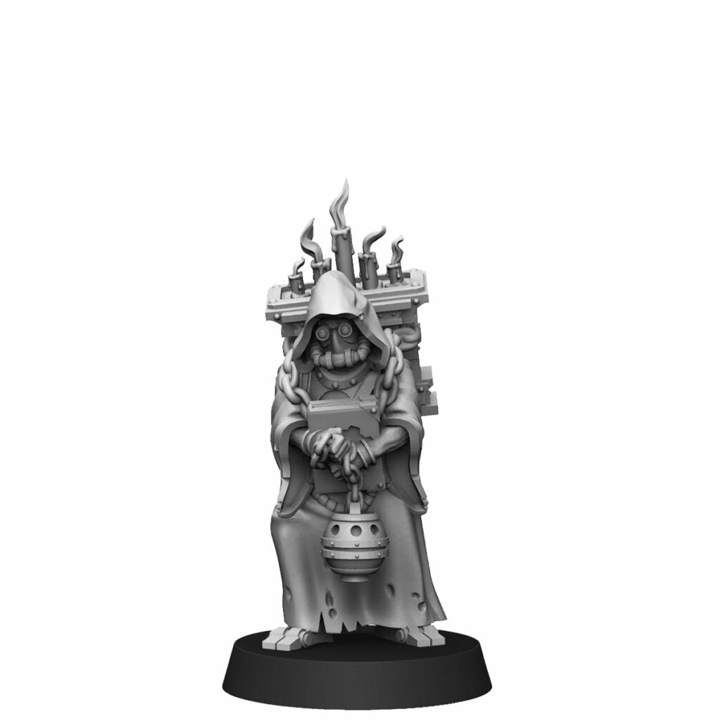 Tech Priests Scavenger Cultist With Candle Holder, proxy miniature, 28mm heroic scale unpainted resin, view 3