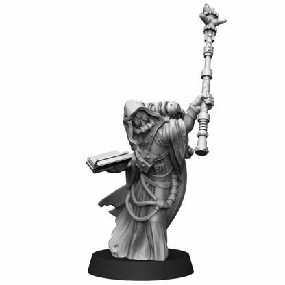 Tech Priests Scavenger Cultist With Staff, proxy miniature, 28mm heroic scale unpainted resin, view 3