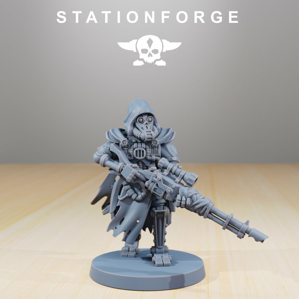 Tech Priests Scavenger Scout Sniper, proxy miniature, 28mm heroic scale unpainted resin, view 2