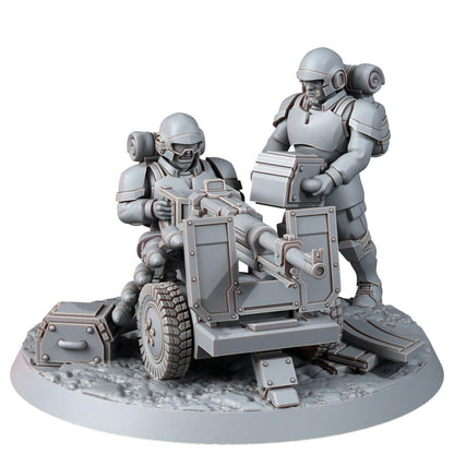 Imperial Army Freedom Guard Heavy Support Team With Autocannon, proxy miniature, squad, 28mm heroic scale unpainted resin