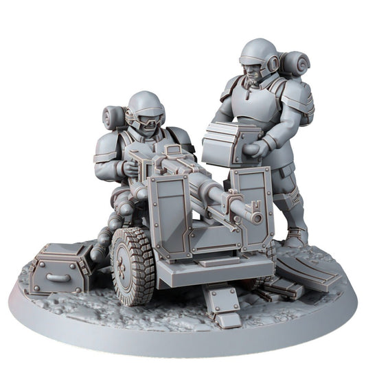 Imperial Army Freedom Guard Heavy Support Team With Autocannon, proxy miniature, squad, 28mm heroic scale unpainted resin