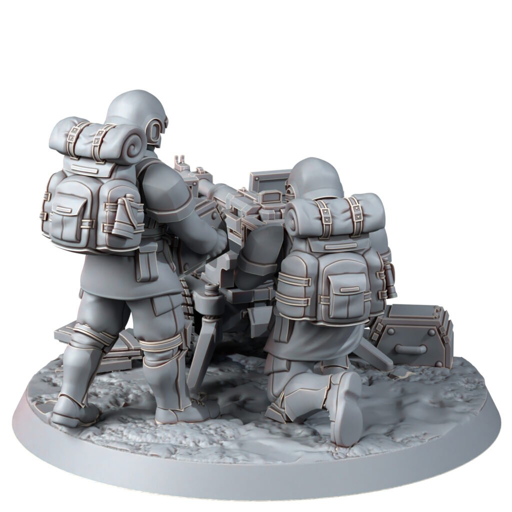 Imperial Army Freedom Guard Heavy Support Team With Autocannon, proxy miniature, squad, 28mm heroic scale unpainted, view 2