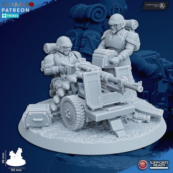 Imperial Army Freedom Guard Heavy Support Team With Autocannon, proxy miniature, squad, 28mm heroic scale unpainted, view 3