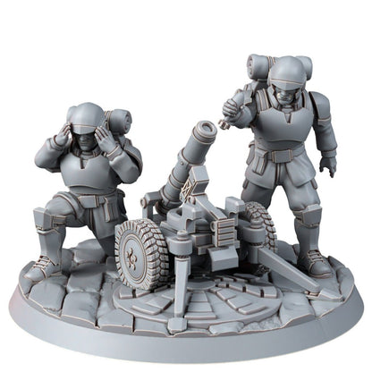Imperial Army Freedom Guard Heavy Support Team With Mortar, proxy miniature, squad, 28mm heroic scale unpainted resin, view 2