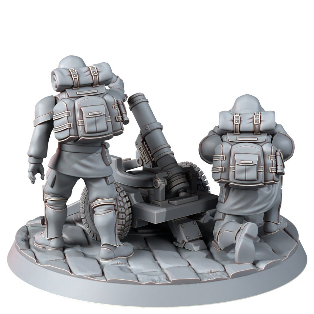 Imperial Army Freedom Guard Heavy Support Team With Mortar, proxy miniature, squad, 28mm heroic scale unpainted resin, view 4