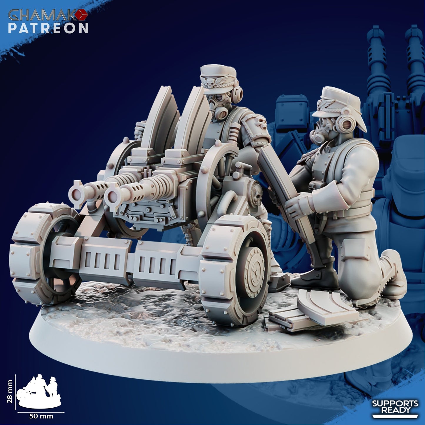 Imperial Army Iron Korps Heavy Support Team With Automatic Cannon, proxy miniature, squad, 28mm heroic scale, view 3