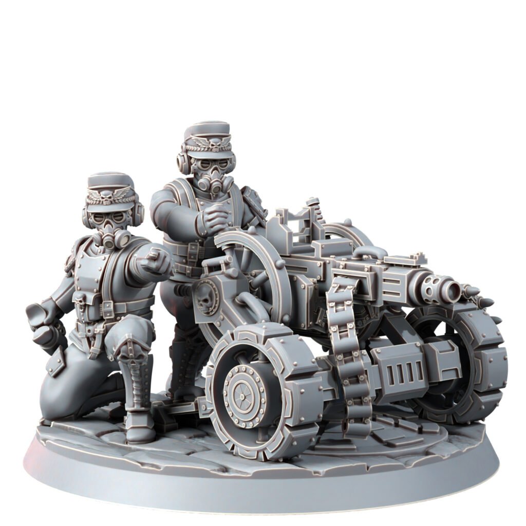 Imperial Army Iron Korps Heavy Support Team With Heavy Gutling, proxy miniature, squad, 28mm heroic scale unpainted, view 2