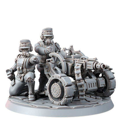 Imperial Army Iron Korps Heavy Support Team With Heavy Gutling, proxy miniature, squad, 28mm heroic scale unpainted, view 2