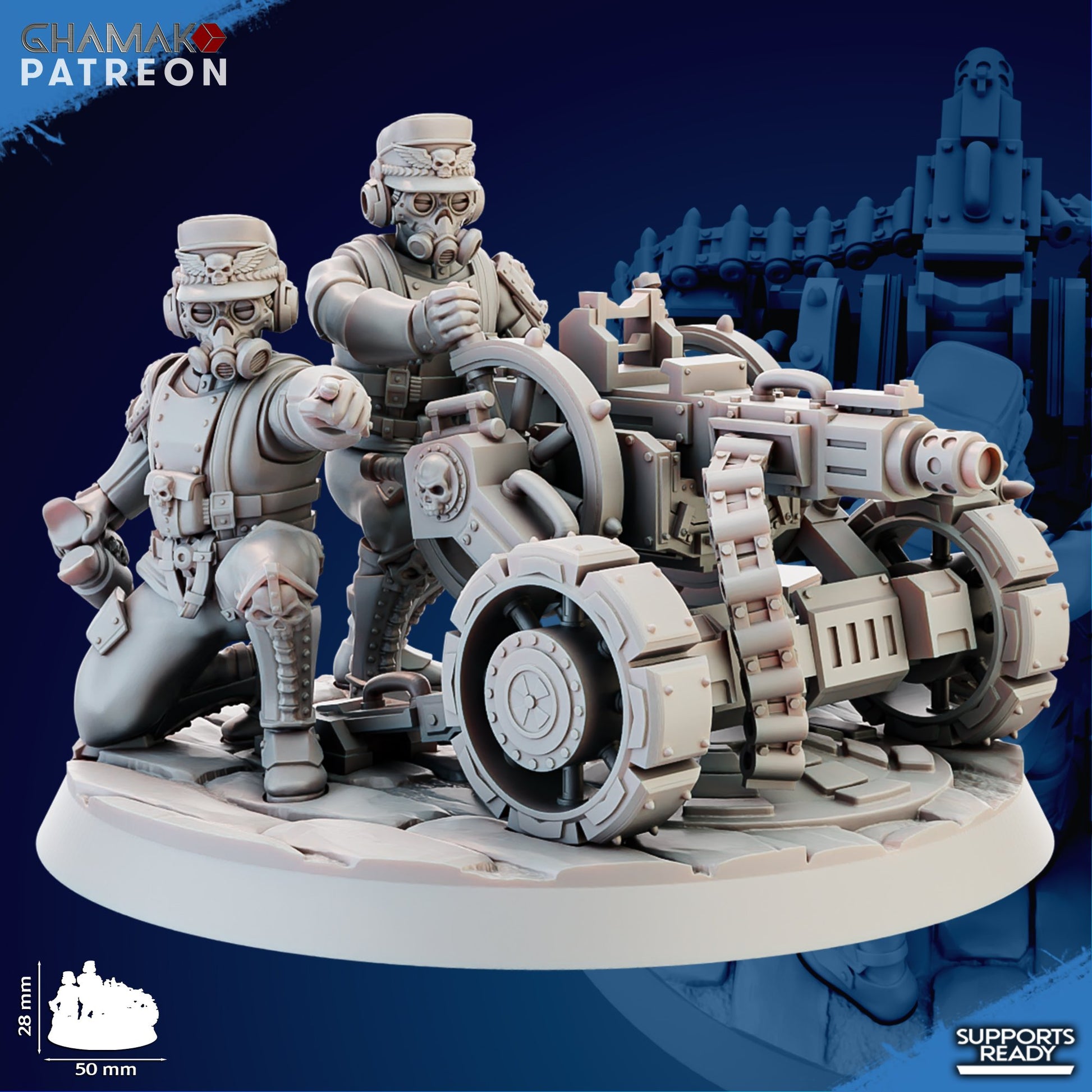 Imperial Army Iron Korps Heavy Support Team With Heavy Gutling, proxy miniature, squad, 28mm heroic scale unpainted, view 3