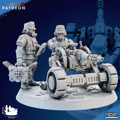 Imperial Army Iron Korps Heavy Support Team With Laser Beamer, proxy miniature, squad, 28mm heroic scale unpainted, view 3