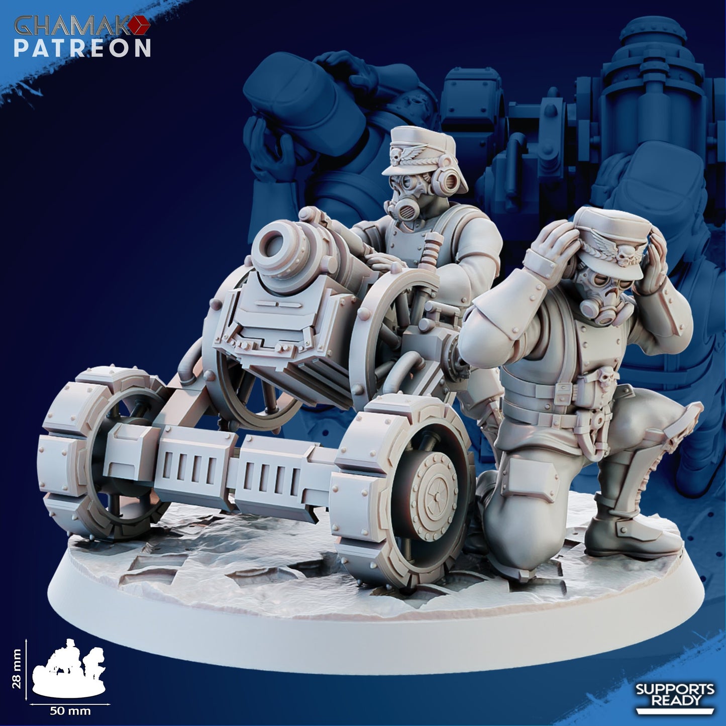 Imperial Army Iron Korps Heavy Support Team With Mortar, proxy miniature, squad, 28mm heroic scale unpainted resin, view 3