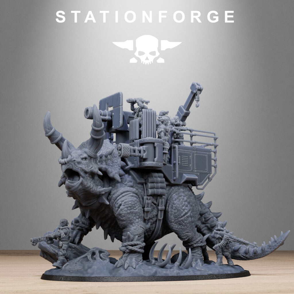 Imperial Army Grim Guard Jungle Fighters Triceratank, proxy miniature, infantry, 28mm heroic scale unpainted resin, view 2