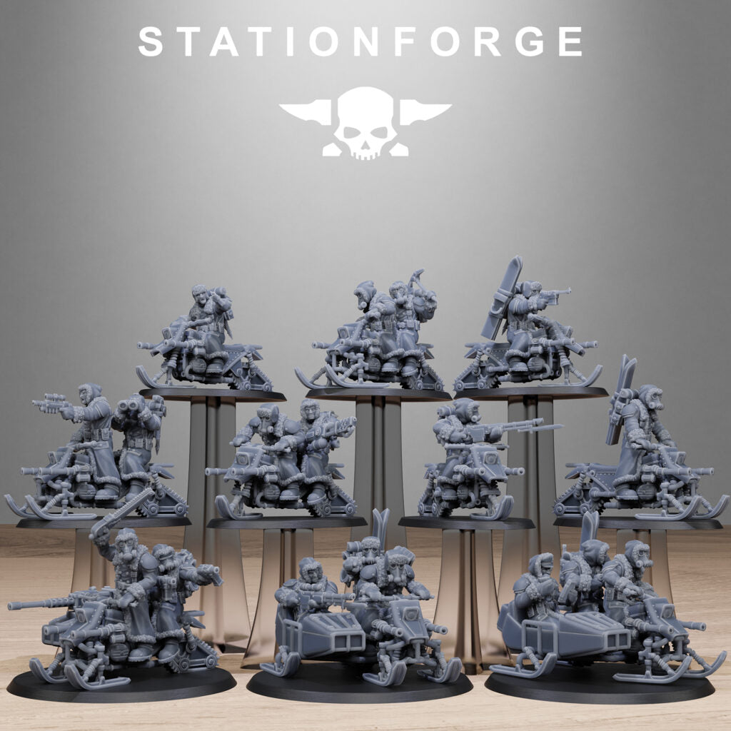 Imperial Army Grim Guard Frost Watch Snowbikers, proxy miniature, infantry, 28mm heroic scale unpainted resin