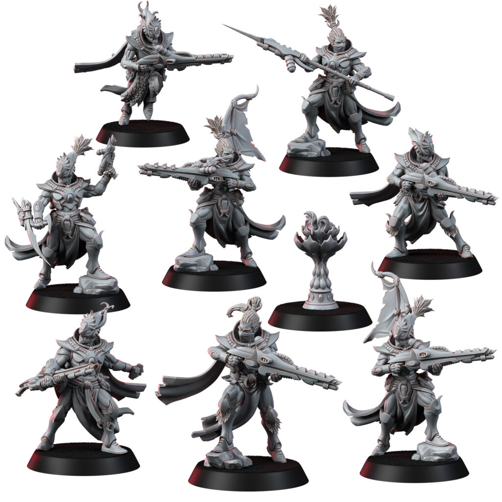 Eldar Flamescale Squad, proxy miniature, 28mm heroic scale unpainted resin