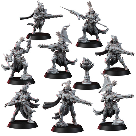 Eldar Flamescale Squad, proxy miniature, 28mm heroic scale unpainted resin
